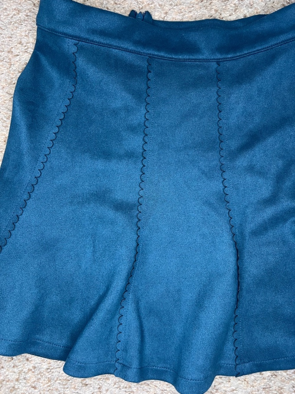 Teal Faux Suede Mini Skirt Scallop Seam A-Line Size Small Soft Velvet Feel - Picture 4 of 9